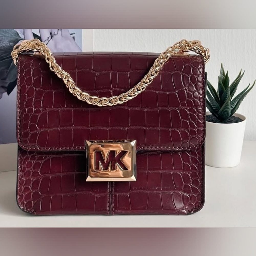 Michael Kors MK Sonia Red Burgundy Croc Embossed Square Crossbody Shoulder Bag